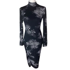 Bar lll Wm’s Sz Sm Black White Celestial Print Bodycon Long Sleeve Midi Dress